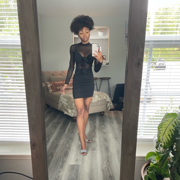 Black Long Sleeved MIDI Dress Mesh Top Material - Picture 8 of 8